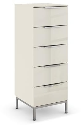 Rauch Möbel Flipp, Kommode, Farbe Glas Beige, Breite 40 cm | Sideboard, 5 Schubladen, Glasfront, Soft-Close, Griffe, Metallkufe Chrom, für Schlafzimmer, Gästezimmer, Wohnzimmer