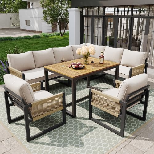 kozamas Gartenmöbel Set Lounge für 6-7 Personen, Outdoor Sofa wetterfest mit verzinktem Eisengestell & Seilgeflecht, Terrassenmöbel Sitzgruppe mit Glasplatte & Kissen (Modell 12)