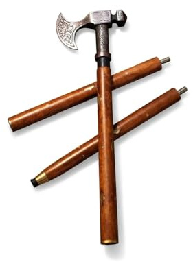 Maritime treasures Axe Handle Walking Stick Cane – Viking Style Decorative Cane with Wooden Shaft – Detachable Travel Walking Stick
