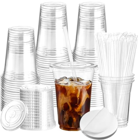 50Pcs Clear Plastic Cups with Lids and Paper Straws - with Leak Proof Paper | 500ml Reusable Clear Cups, Elegant Party Beverage Glasses for Milkshakes, Smoothies, Iced Coffee, Fits Most Car Holders