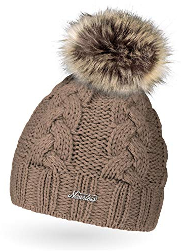 Neverless Damen Strick-Mütze gefüttert mit Kunstfell-Bommel, Winter-Mütze, Bommelmütze, dunkel-beige Unisize