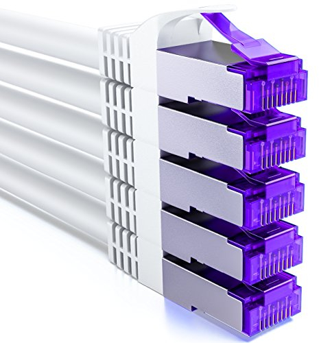 deleyCON 5x 0,25m CAT7 Cavo di Rete - 10 Gigabit - Corto 25cm Cavo Patch RJ45 Cavo Ethernet (Rame, Schermatura SFTP PiMF) LAN DSL Interruttore Modem Router Pannello Patch CAT7 CAT6 CAT5 - Bianco
