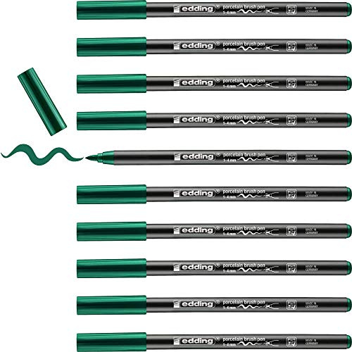 edding 4200 porcelain brush pen - green - 10 pens - brush tip 1-4 mm - felt-tip pen for painting and decorating ceramics, porcelain - dishwasher-safe, lightfast ink, quick-drying