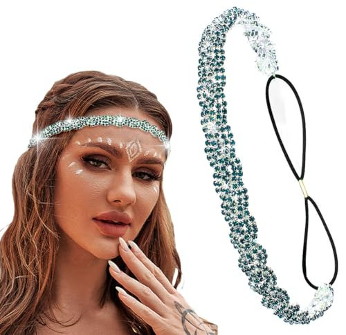 Flayem Kopfkette Glänzendes Elastische Strass Stirnband Damen für Frauen (Grün, 45.5cm)