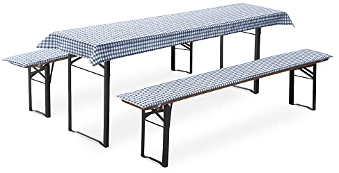 JEMIDI Bierbankauflagen Set 3-teilig - 90x240cm - Sitzkissen und Tischdecke für 70er Bierzeltgarnitur - Bierbank Auflagen Set - Blau Karo