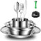 Odoland Set de Couverts Camping 8 en 1, Ustensiles et Bol Soucoupe Inox, Assiette Tasse Couteau Fourchette Cuillère Sac Rangement, Kit de Vaisselle Camping pour 1 Personne Randonnée Pique-Nique