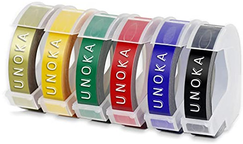 UNOKA Dynamo Label Tape, 9mm Embossing Label Maker Tape Replace for Dymo Omega Refills, White on Black/Blue/Red/Green Yellow/Gold, for Dyno Embossed Machine S0717930 E975 E-303, 6 Pack