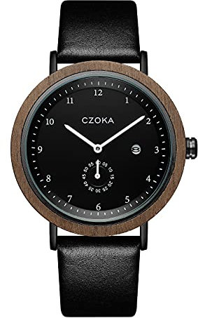 CZOKA Holzuhr-Herren und Damen Holzuhren Uhren Japanisches Quarzwerk Herren Quarzuhren mit Datumsanzeige, Naturholzgehäuse, Lederarmband, Durchmesser 42 mm (Black Walnut-1)