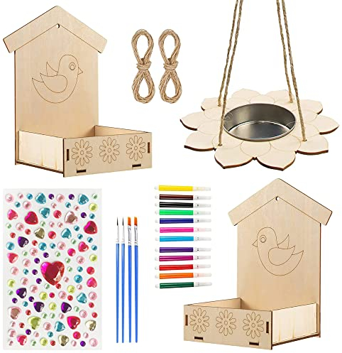 Allazone 3 Pack Bird Feeders for Kids Arts and Crafts Kit DIY Build and Paint Bird House Kit with Diamond Sticker, Brush, Coloring Pen for Paint Creative Art Projects Party Favors