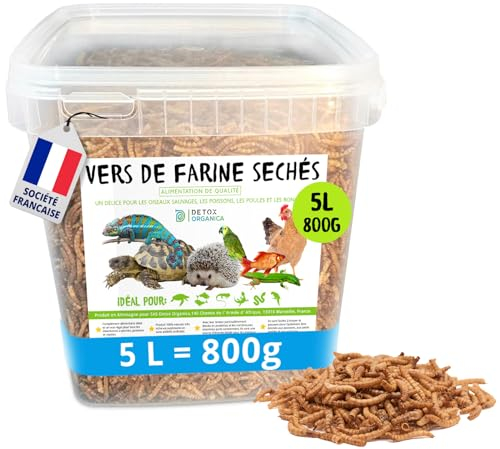Detox Organica - vers de Farine Séchés - 800g = 5L - Nourriture pour Poissons, Oiseaux, Tortues, Hérissons, Rongeurs et Reptiles - Riche en Protéines et Vitamines