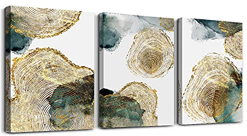 Wandbilder Wohnzimmer- Abstrakte Goldener Jahresring Leinwand Bilder, 3 Teilig Modern Kunstdrucke Wanddekoration für Schlafzimmer Küche Esszimmer Badezimmer und Büro