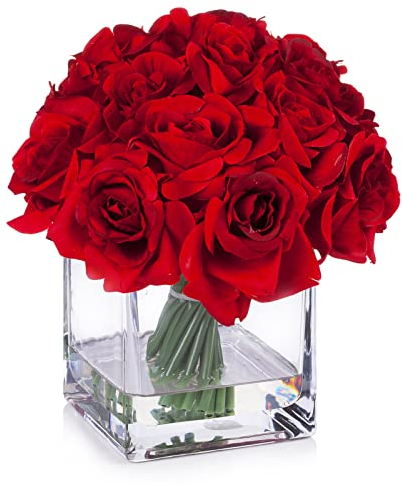 Enova Floral 18 Stück Rote Rose Künstliche Blumen in Vase, Blumenarrangements Künstlich mit Vase und Kunstwasser für Hochzeit, Heimdekoration Indoor (Rot)