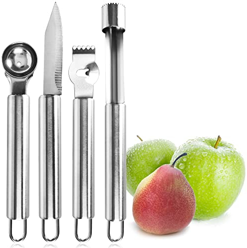 Juego de descorazonador de 4 piezas Robin Goods® de acero inoxidable - práctica herramienta para frutas hecha de metal - cortador para varias frutas - accesorios de cocina (Juego - 4 piezas)