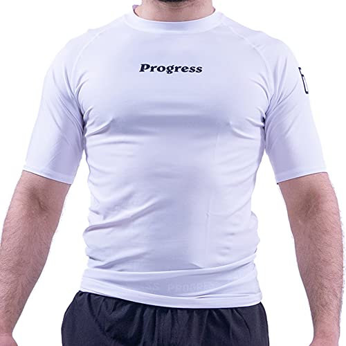 Progress Jiu Jitsu Academy Short SleeveRashguard | Flexible and Durable BJJ Rash Guard | Moisture-Wicking Compression Tops for Men and Women | 80% Polyester/20% Spandex White M