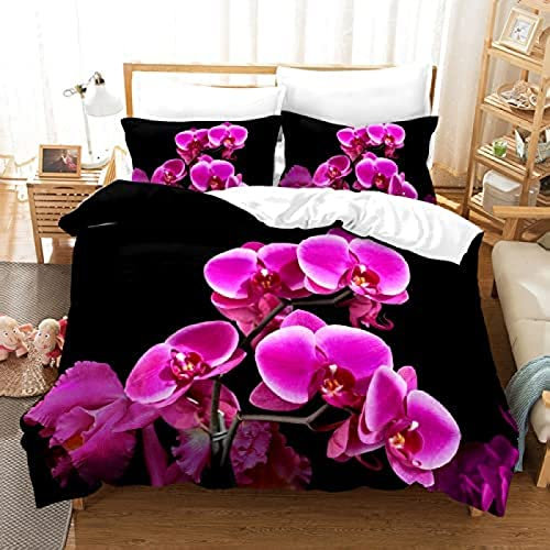 Bettwäsche 155x200, Lila Orchidee Winter Weiche GebüRstet Mikrofaser 3 Teilig Bettwäsche Set, 3D Drucken Bettbezug + 2 Kissenbezug 80x80 cm