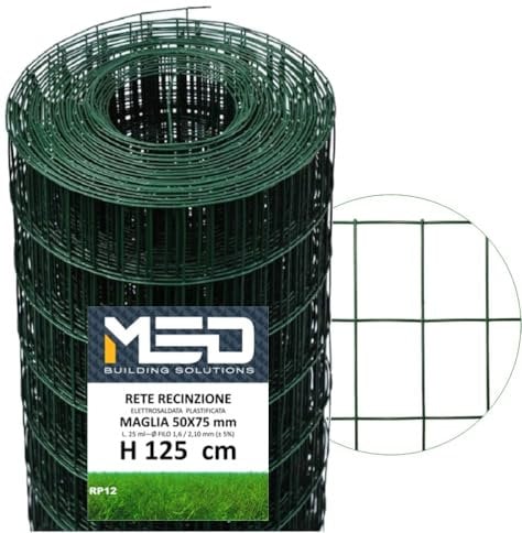 Rotolo 25 Metri Rete Metallica Zincata Plastificata Elettrosaldata Rigida per Recinzione Con di Filo Tensione, Filo Legatura e 2 Tendifilo (H. 125)