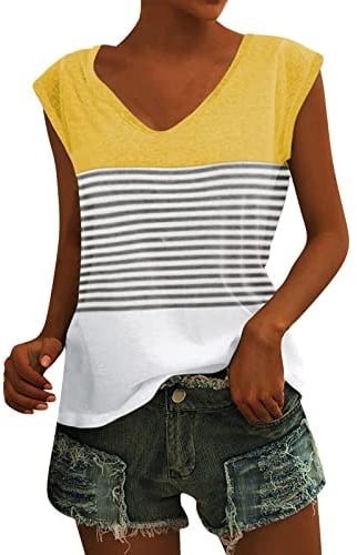 Frauen Cap Sleeve Tanktops Sommer V-Ausschnitt Lässige Loose Fit Plain Shirts Basic Bluse Schwarz Gestreiftes Shirt (M2022G-Yellow, XXL)
