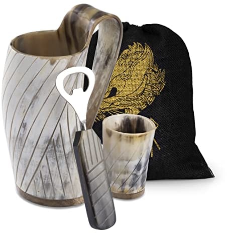 FENRIR Premium Viking Ox Horn Mug for Ale Mead and Beer & Cold Drink Diagonal Stripes Shine Finish Mug with Short Glass and Bottle Opener with Handle (16-oz) -3 Pieces Set