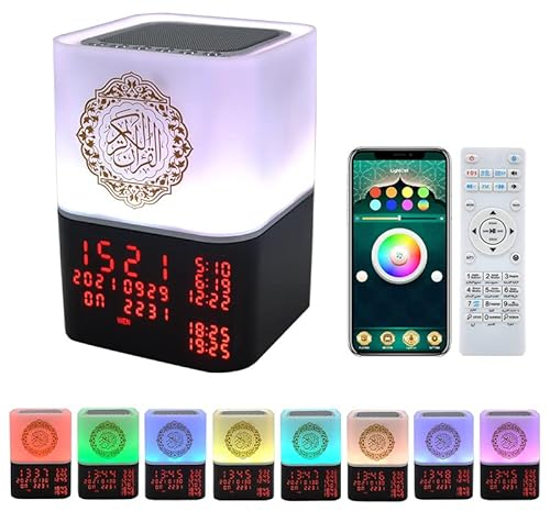 Telawah Koran Speaker, Lautsprecher mit Fernbedienung und APP-Steuerung, mehrfarbiger wechselnder Azan-Bluetooth-Lautsprecher, Nachtlicht-MP3-Musikplayer mit 16 Rezitatoren und 15 Übersetzungen