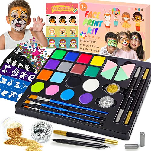 Lubibi 33PCS Face Paint Set for Kids and Adults,Ultimate Party Pack Face Paint Kit With 16 Colours,Glitters, Stencils, Hair Chalks, Brushes, Sponges,Water Based, Washable, Non-Toxic,Party or Cosplay