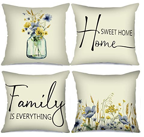 Tropischer Sommer, Wildblumen- und Weizen-Kissenbezüge, Blumen in Vase, 4er-Set, Kissenhüllen mit inspirierenden Sprüchen für Couch, Sofa, Zuhause, Bauernhaus- und Boho-Geschenk (45,7 x 45,7 cm)