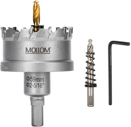 Mollom (59mm | 2-5/16) Scie cloche en carbure pour usage intensif avec 2 forets pilotes, coupe l'acier inoxydable, l'acier doux, le fer, le cuivre, le laiton et le plastique
