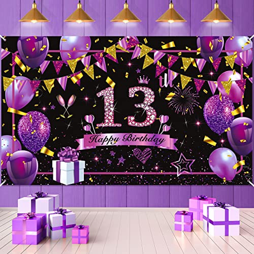 Bannière de décorations violettes pour 13e anniversaire de fille - Panneau « Happy Birthday » - Grande toile de fond brillante pour 13e anniversaire de mariage de fille