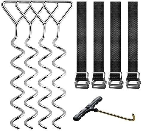 Trampoline Stakes Heavy Duty Trampoline Anchor Kit with T Hook Corkscrew Shape Steel Stakes Trampoline Parts Tie Down Kit Ground Wind Stake with Belt Straps (Set of 4)
