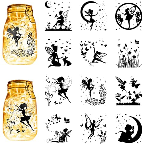 CREATCABIN 12 Stück Feen-Silhouetten,Einmachglas-Dekoration,Engelslaterne,Laserausschnitte,Ornamente,PVC,Sammelalbum,Verzierung Für Milchglas,DIY,Basteln,Weihnachten,Schwarz,10x9cm(Kein)