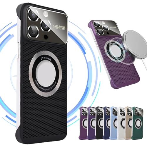 Electroplating Heat Dissipation Magnetic Hollow Phone Case for iPhone 15 14 13 12 Pro Max, Borderless Large Window Magnetic Cooling Case, Ice Sense Heat Dissipation Phone Cover (15Pro,Black)