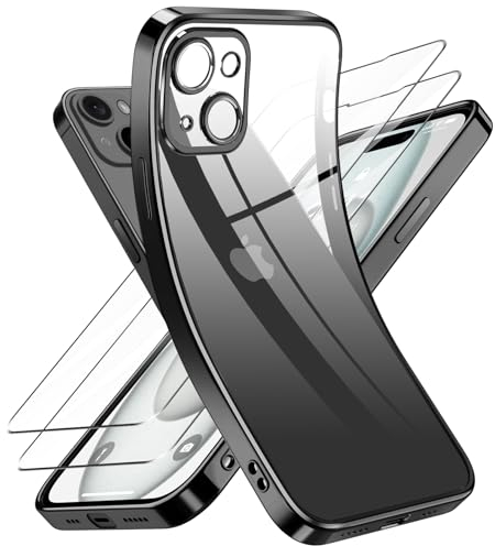 Qasyfanc Kameraschutzhülle Kompatibel für iPhone 15 Hülle mit 2 Stück Schutzfolie, iPhone 15 Case Vergilbungsfrei Dünne Weiche Silikon Handyhülle für Frauen Mädchen, Schwarz