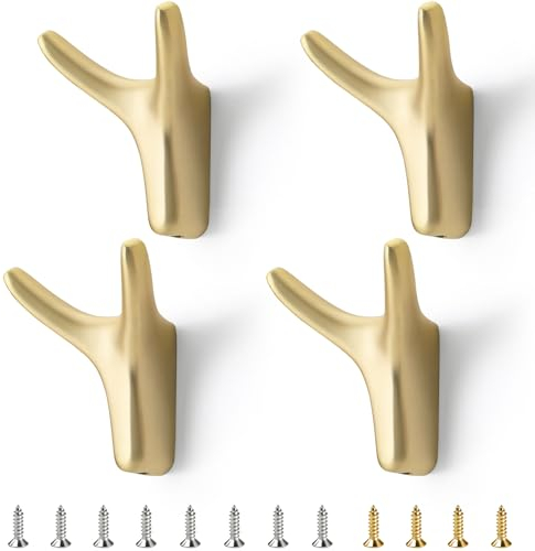 TYFYH 4 Stück Doppelt Wandhaken, Garderobenhaken Gold, Wandmontage Kleiderhaken, Zinklegierung Handtuchhaken Ideal für Garderobenhaken Badezimmer Küche Büro