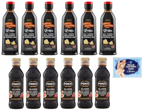 12er-Pack Testpaket Monari Federzoni 300g + Ponti 250g Glassa all'Aceto Balsamico di Modena,Glasur Creme mit Balsamico-Essig aus Modena I.G.P. + 1er-Pack Felce Azzurra Talkumpuder, 100g-Beutel