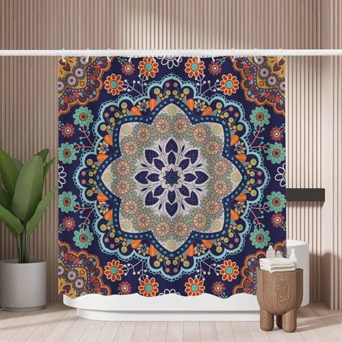Woutay Shower Curtain Mould Proof Resistant Ethnic Mandala Floral,Water Repellant Fabric,Polyester,with 12 Plastic Hooks,Size 180x180CM
