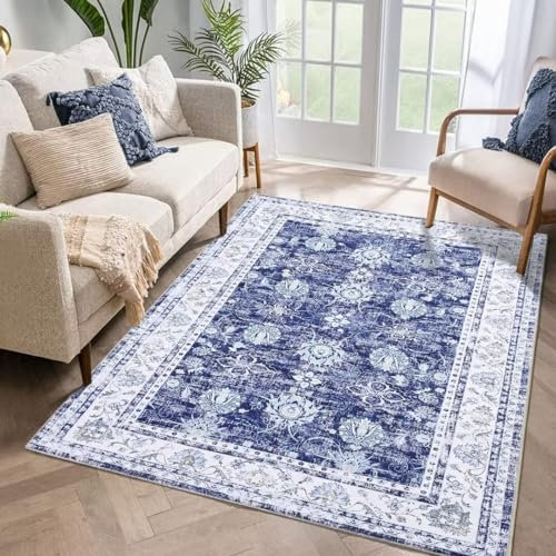 Auton Maschinenwaschbarer Teppich 140 x 200 cm, Vintage Design Teppich mit Rutschfesten für Wohnzimmer Schlafzimmer Blumendruck Teppich Schmutzabweisend Heimdekoration Bürobereich, Blau