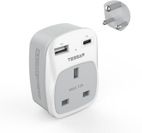 India Travel Adapter, TESSAN Grounded Type D Travel Adapter with 2 USB Ports (1 USB C) to Sri Lanka, Pakistan, Burma, Maldives, Iraq, Namibia, Nepal, Yemen, Zambia