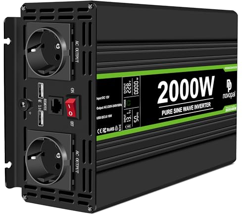 NOVOPAL 2000W Reiner Sinus Spannungswandler -Wechselrichter 12v auf 230v mit LCD Display Fehlercodes und 2 EU Steckdose + QC3.0 18W USB-Anschlüsse und 5M Fernbedienung