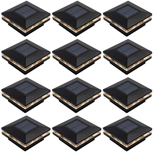 Dynaming 12 Pack Solar Post Lights, Outdoor Solar Powered Decorative Post Cap Light, Black Shell & Warm White LED Lighting for Fence Deck Patio, Only Fit 3.5x3.5 Wooden Posts