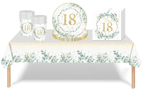53Pcs Sage Green 18th Birthday Party Tableware Decorations - Table Cloth, Plates, Napkins, Cups Sets for Him Her Boys Girls - Birthday Table Decorations and Gifts Dinnerware