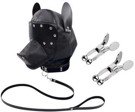 Kutocesy BDSM Maske mit Lederleine und Nippelklemmen Fetisch Kopfhaube Latex Cosplay Reißverschluss hinten,Offene Augen Mund Atmungsaktiv Gesichtsabdeckung