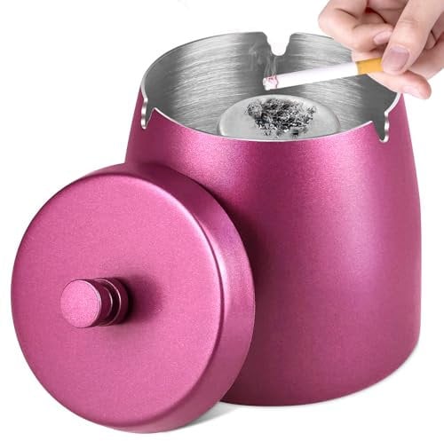 Aschenbecher, Aschenbecher mit Deckel (12×10×12cm), Edelstahl Aschenbecher für Draussen, Sturmaschenbecher als Windaschenbecher, Standaschenbecher mit Rutschfest Boden für Draußen und Innen (Rose Red)