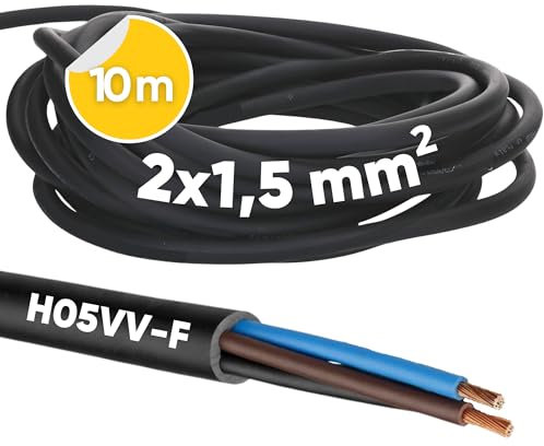 Kalitec H05VV-F - Tubo Flessibile 10 Metri, 2 x 1,5 mm², Cavo di Alimentazione Senza Conduttore di Protezione, PVC per Interni, Elettrico Nero, Flessibile per Lampada