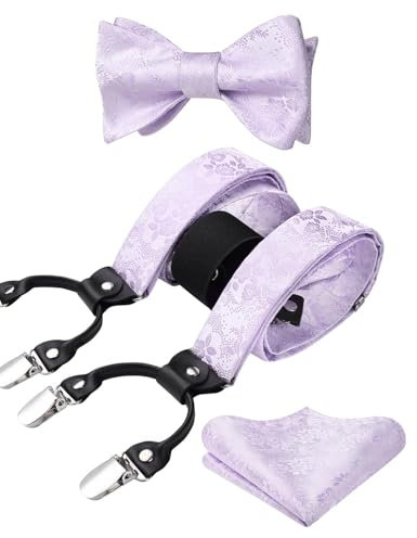 HISDERN Flieder Hosenträger für Herren Paisley Y Form mit 6 starken Clips Längenverstellbar Herren Hosenträger und Fliege mit Einsteckuch
