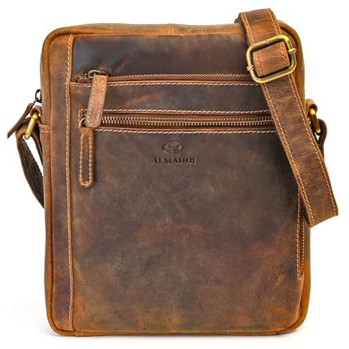 ALMADIH Leder Umhängetasche Herren perfekt für Tablet iPads 12.9 Zoll - LUC braun - Kompakte echte Ledertasche für Arbeit & Alltag Messenger Schultertasche kleine Herrentasche braun