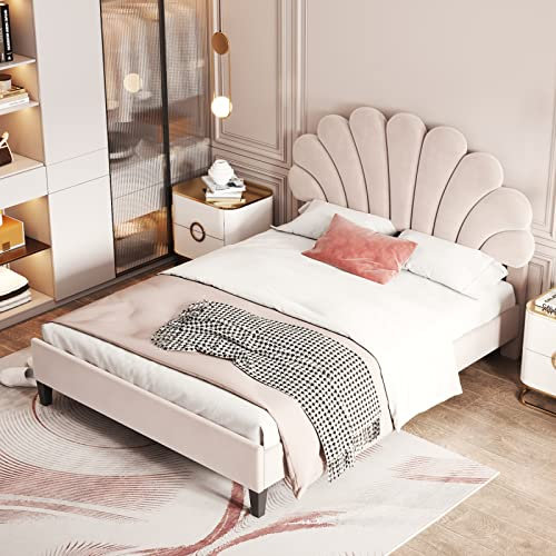 ADFUNIT Polsterbett Doppelbett 140 x 200 cm, Bettgestell mit Blumenförmiges Kopfteihfür und Lattenrost, Jugendbett aus Samtstoff, Beige (ohne Matratze)