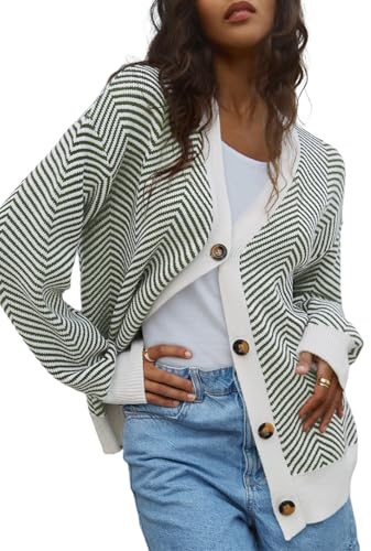Dokotoo Strickjacken Damen Langarm V-Ausschnitt Streifen Strickjacke Herbst Elegant Kurz Strickpullover Knopfleiste Open Front Strick Pullover Cardigan Baumwolle Sweater Grün L