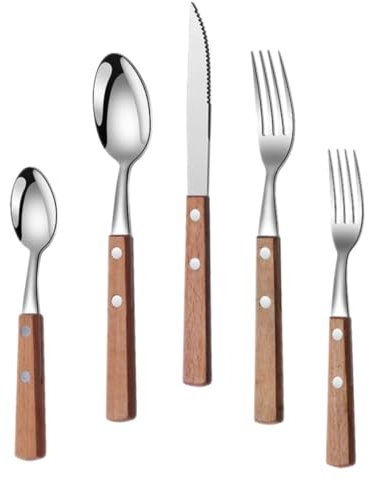 OUNONA 5-teiliges Tafelservice Mit Massivholzgriff Und Edelstahlbesteck Für Buffetpartys Im Freien