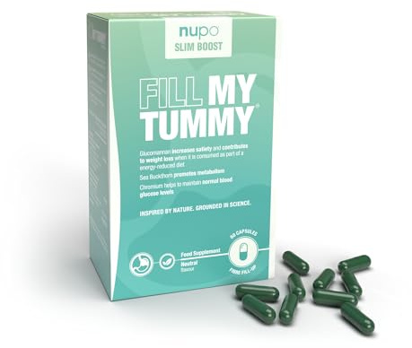 NUPO Slim Boost Fill My Tummy - Glucomannan Ballaststoffe Kapseln - Konjak Wurzel, Sanddorn & Chrom - Unterstützt Blutzucker & Stoffwechsel - 60 Vegane Kapseln