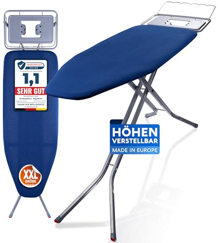 SCHWANFELD® Premium XXL Bügelbrett 122x44cm Bügelfläche [EXTRA STABIL & HÖHENVERSTELLBAR] - Bügelbrett für Dampfbügelstation - Bügeltisch mit rutschfesten Füßen - Ironing Board mit Ablage (Made in EU)