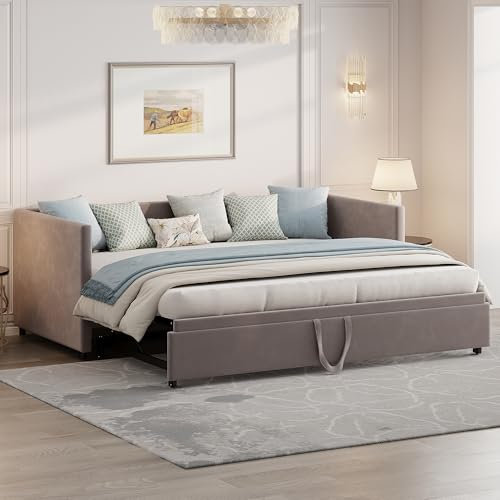 YGHQAP Ausziehbar Schlafsofa 90/180x200 cm, Polsterbett Tagesbett mit Ausziehbett, Doppelbett/Einzelbett, Multifunktionsbett aus hautfreundlichem Samtstoff, Ohne Matratze(Grau)
